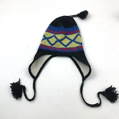 VINTAGE Wigwam Beanie Hat Cap Black Blue Ear Flap One Size Knitted Adult 90s USA • $17.26