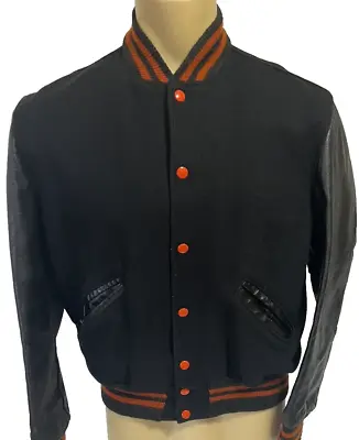 Vintage High School Varstiy Jacket Wool Leather Black Orange Delong Sports Sz 40 • $55