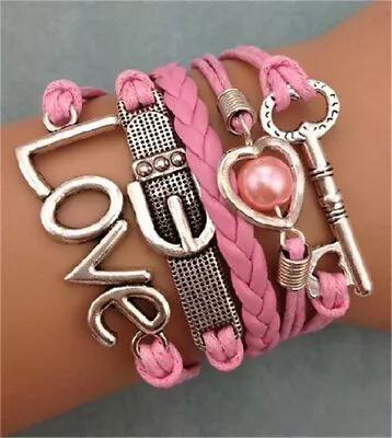 Retro Infinity Love Heart Key Friendship Antique Silver Leather Bracelet Diy New • $0.01