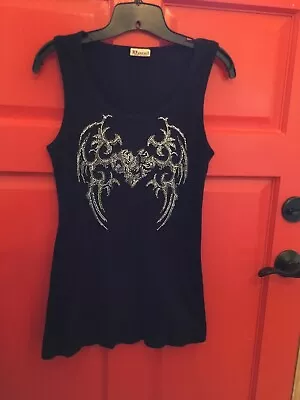 Women’s Vocal Blk Ribbed Tank With Rhinestone Heart/Wings Design NWD No Tags XL? • $35