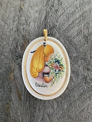 Vintage 1977 Hand Painted Italy Ceramic Pendant Signed Numbered Girl W/Flowers • $14.50