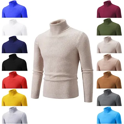 Mens Knitted Warm Sweater Turtle Polo Neck Jumper Cable Casual Winter  Pullover • £10.66