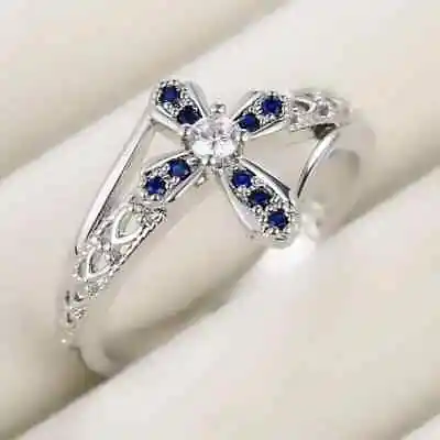 2Ct Round Cut Lab Created Blue Sapphire Cross Wedding Ring 14k White Gold Plated • $95.93