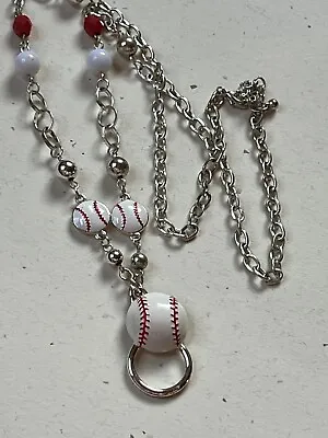 Long Silvertone Chain W Red & White Plastic Beads & Enamel Baseball Glasses Hold • $10.55
