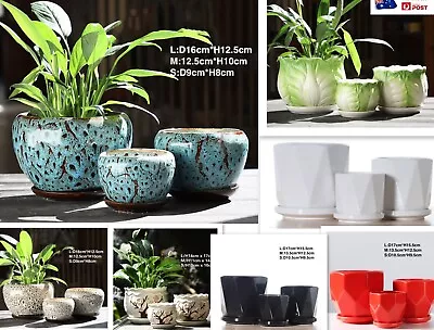 $19.99 • Buy 3 Pcs Pots&tray 3 Size Set Pots Pottery Ceramic Flower Plant Pots