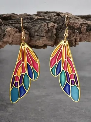 Curved Butterfly Wing Earrings Gold & Multicoloured Hook Close • $25.45