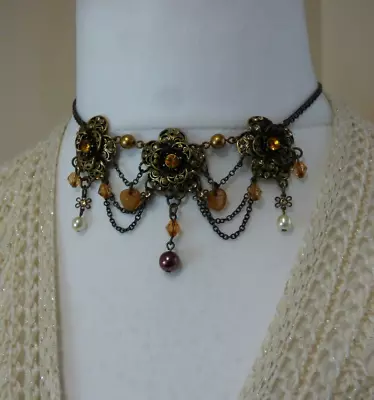 Avon Bronze Tone Flower Corsage Necklace Choker Collar Revival Gothic Steampunk • $10.16