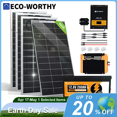 ECO-WORTHY 200W 400W 800W Watt 12V Solar Panel Kit LiFePO4 Battery Home Off Grid • $55.99