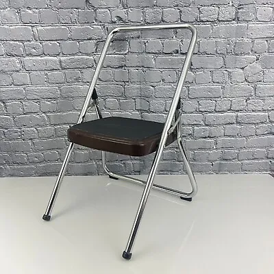 Vintage Cosco Step Stool Brown Metal Chrome Folding Chair 1 Step • $65