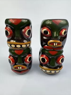 Vintage Tiki Salt N Pepper Shakers ~ Victoria Pottery ~ Green Red Yellow • $9.50