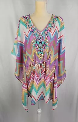 Nouveau Collection Beaded Retro Pastel Chevron Chiffon Bikini Cover-up Sz S • $32.50