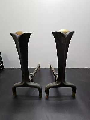 Fireplace Andirons Bennett Brass /Cast Iron One Pair Vintage MCM • $299.99