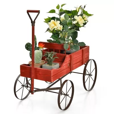 Wooden Wagon Plant Bed Metal Wheels Garden Yard Patio Planter Cart W/ Wood Frame • $43.98