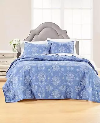 MARTHA STEWART COLLECTION Batik Embroidery Quilt Stitch Pillow Sham King Blue • $33.06