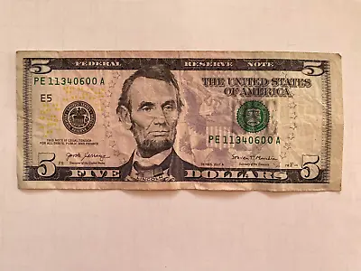 2017 FIVE Dollars Note $5 Dollar Real Paper Money US United State PE 11340600 A • $9.99