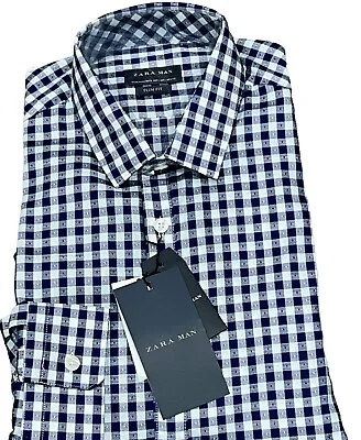 Zara Man Button Down Shirt Blue Gingham Check Micro Dot  5727/400 L Slim Fit Nwt • $31.44