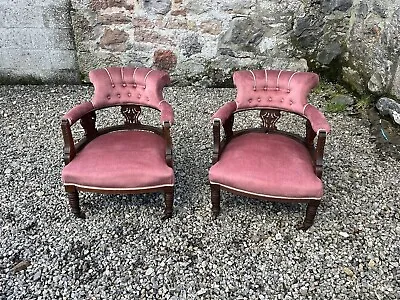 A Pair Of Edwardian Tub Chairs / Horseshoe Armchairs • £295