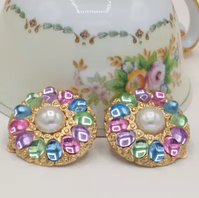 Vintage 80's Round Mughal Mogul Style Gold Pearl Pastel Lucite Cabochon Earrings • $34.95