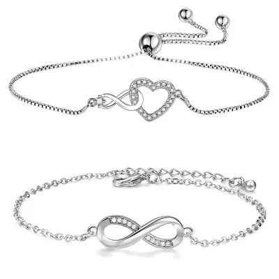 Crystal Infinity Heart Charm Bracelet 925 Sterling Silver Womens Jewellery Gifts • £6.99