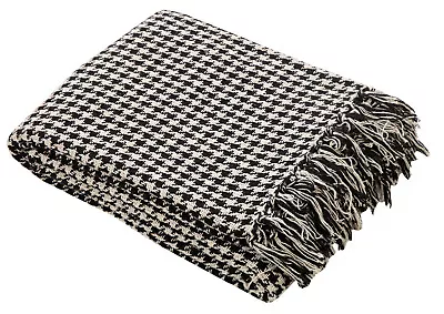 Large Black Cream Woven Houndstooth Check 100% Cotton Sofa / Bed Throw 228x254cm • £17.99