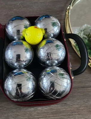 £30 • Buy Set Of 6 Chrome Metal Heavy Boules Bowls With  Wine Leather Carry Case