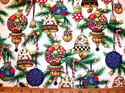 Rare Mary Engelbreit Fancy Christmas Ornaments On White Cotton Fabric Fq • $12.95