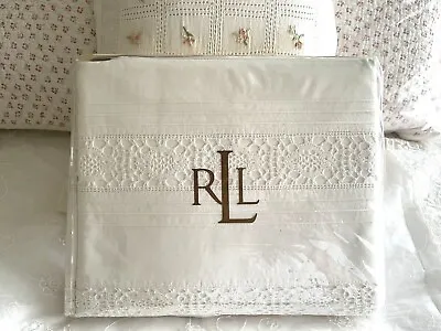 $400 • Buy HTF NEW R. Lauren Home Lake Embroidered Eyelet White Scalloped QUEEN Flat Sheet