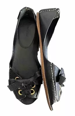 MIU MIU Black 100% Leather Moccasin Ballet Flats Size 8/41 Peep Toe/Bow  • £2.70