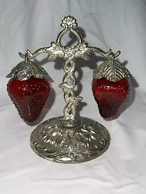 Vintage Ruby Red Strawberry Salt And Pepper Shakers 1960’s Hanging With Stand • $119