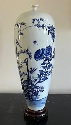 Chinese 19th Century Blue And White Porcelain Floral Landscape Meiping Form Vase • $499
