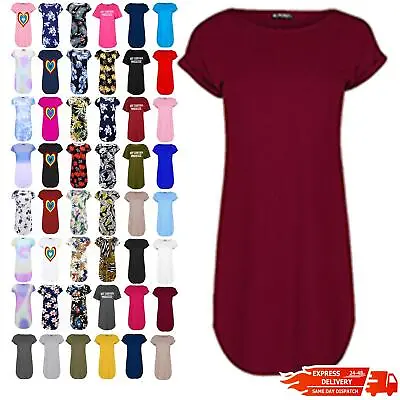 Womens Ladies Curved Hem Oversized Baggy Turn Up Sleeve T-Shirt Tunic Mini Dress • £4.49