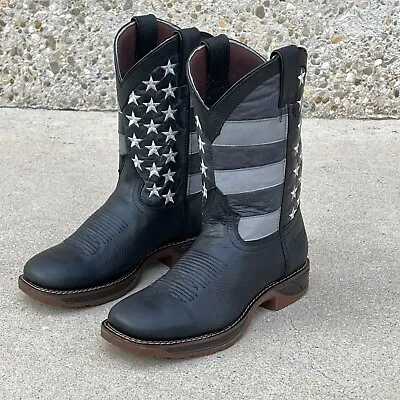 Men's Work Boots American Flag Soft Toe Square Cowboy Genuine Leather Usa • $89.99