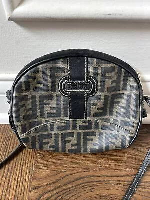 Vintage '90s Fendi Zucca FF Round Crossbody Designer Hand Bag Leather Pvc Lovely • $175