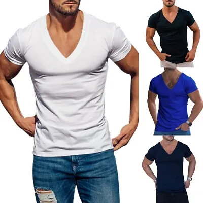 Mens V-Neck T Shirts Short Sleeve Muscle Slim Fit Summer Sport Gym Tee Tops Size • £9.39