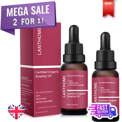 £7.55 • Buy 2 X 10ML 🌟 Rosehip Oil Certified Organic  Scars, Stretch Marks & Wrinkles ✅🔥