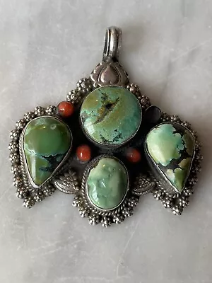 Vintage Navajo Stunning Turquoise And Silver Squash Blossom Pendant • $246