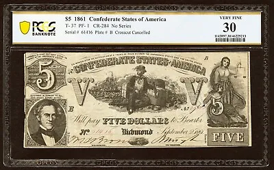 1861 $5 Confederate States Currency T-37 Pf-1 Pcgs 30 • $220