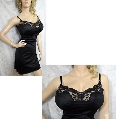 VTG Vassarette Black Wet Look Exotic Lace Nylon Full Slip 44 1X 2X • $40