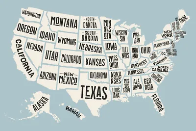 $10.98 • Buy USA United States Map States With Text Names Decorative Poster 18x12