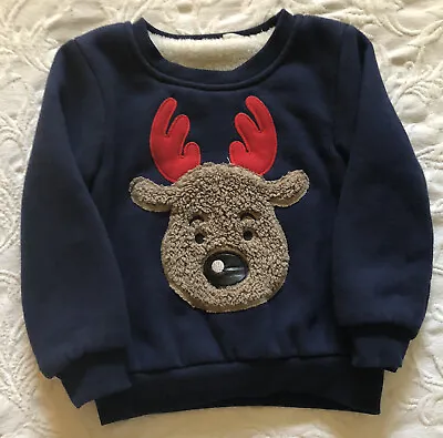 £6.47 • Buy Boy’s Moose Face Plush-Lined Crewneck Sweatshirt Navy Blue Size 5/6 Thick Warm