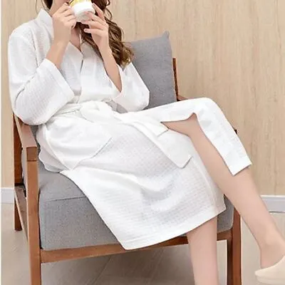 Womens Ladies Dressing Gown Soft Hotel Waffle 100% Cotton Spa Pockets Bath Robe • £15.99