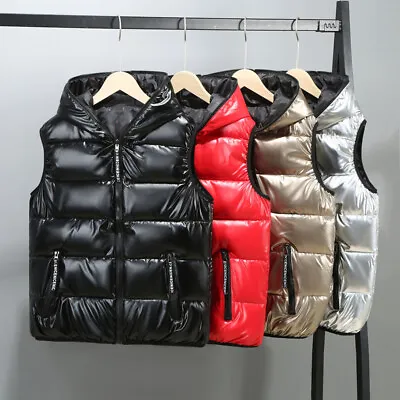 Mens Puffer Quilted Hooded Waistcoat Metallic Shiny Gilet Bubble Jacket Coat Red • $43.08