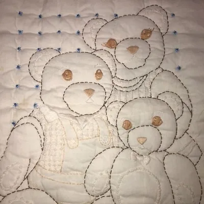 Vintage Hand Embroidered Quilt Block 16 X13  Cream Bear Family Nursery Batted • $14.95