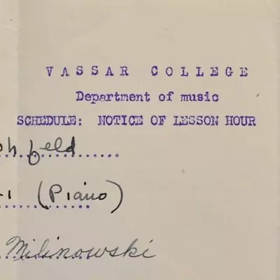 1941 Lillian Jane Hohfeld Vassar College Music Department Lesson Schedule Notice • $17.50