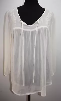 Mossimo Ivory Semi Sheer Embroidered Peasant Top Shirt Womens Sz XL Split Neck • $11.04