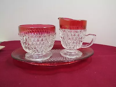 Indiana Glass Kings Crown Ruby Red Trim Diamond Point Finish Sugar Creamer Plate • $15.29