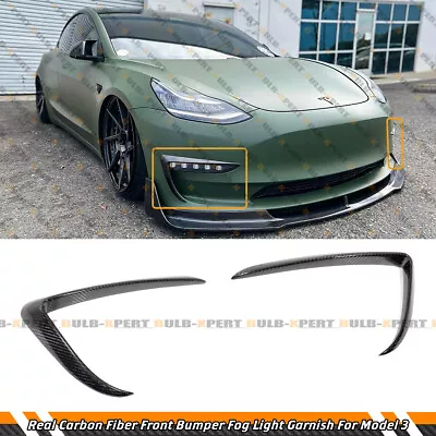 $106.99 • Buy Carbon Fiber Front Bumper Fog Light Garnish Trim Cover For 2017-23 Tesla Model 3