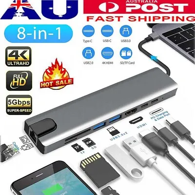 $23.99 • Buy 8 In1 Type-C USB-C Hub USB 3.0 4K HDMI RJ45 Ethernet  OTG PD Port SD TF Adapter