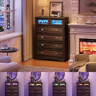 Modern 6 Drawer Dresser For Bedroom With Led Lights Tall Chest Of Drawers Closet • $219.98