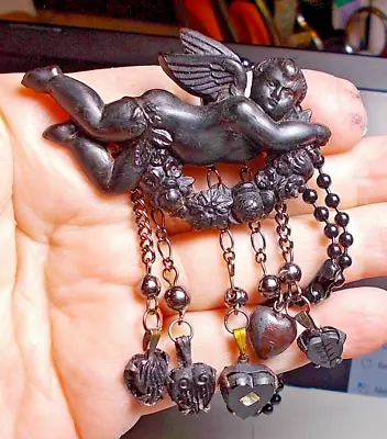 Antique CHATELAINE Mourning Whitby Jet Flying Cherub Brooch W/ Option Hearts • $399.90